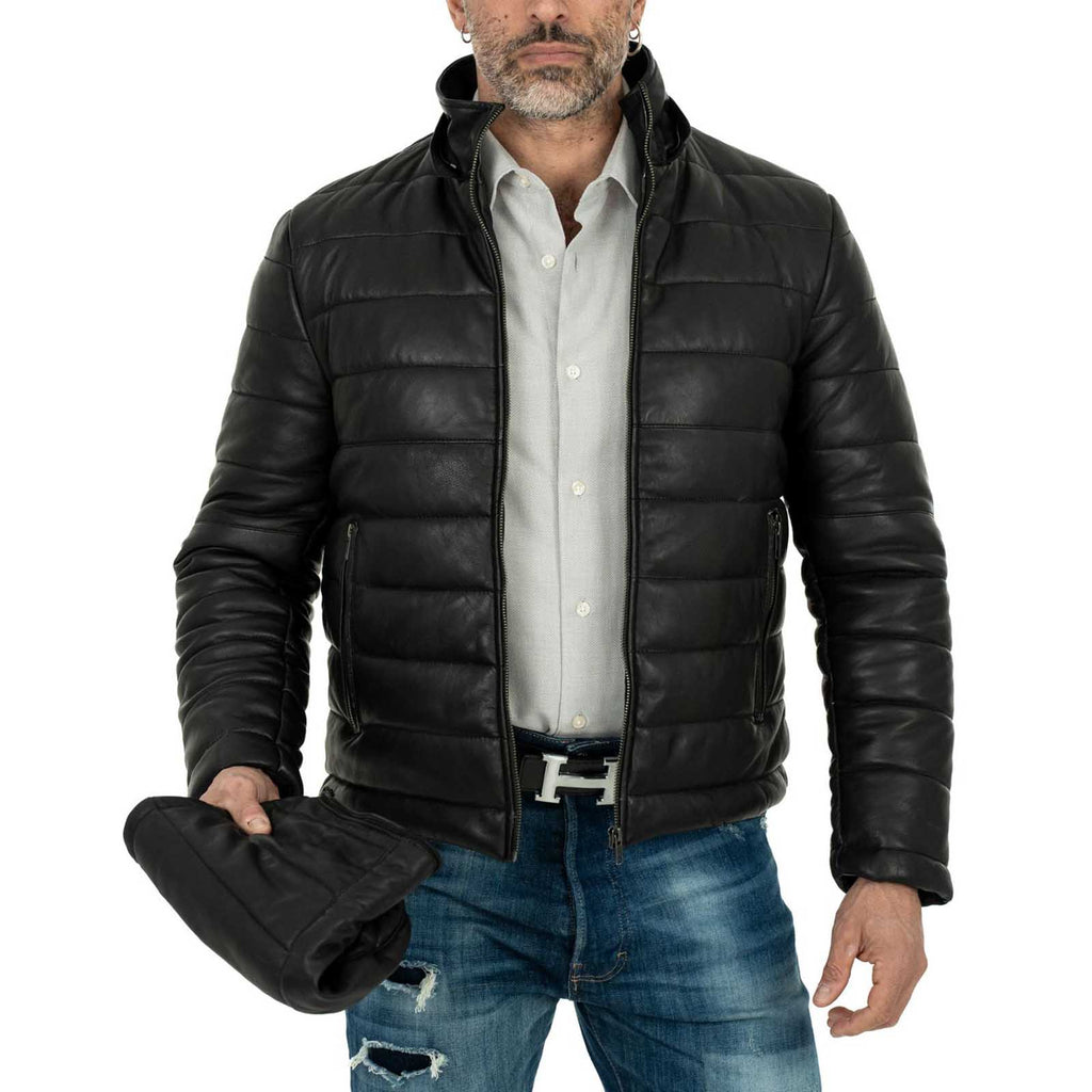Piumino Giacca In Vera Pelle Nera Uomo Slim Cappuccio Con Cerniera Removibile Rindway