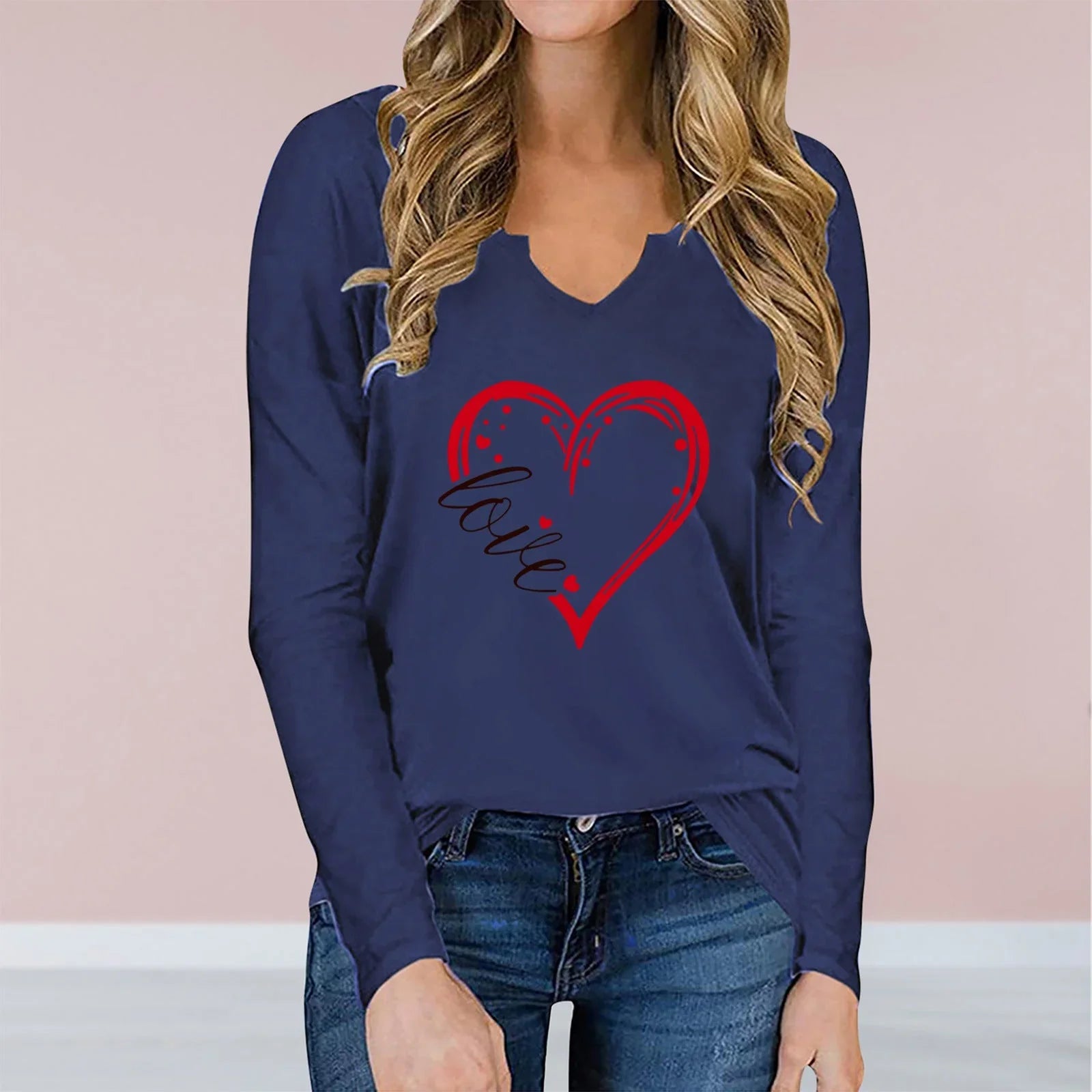 Vneck Valentines Day Printed Tshirt Cross-border Longsleeved Loose Top - VAleG