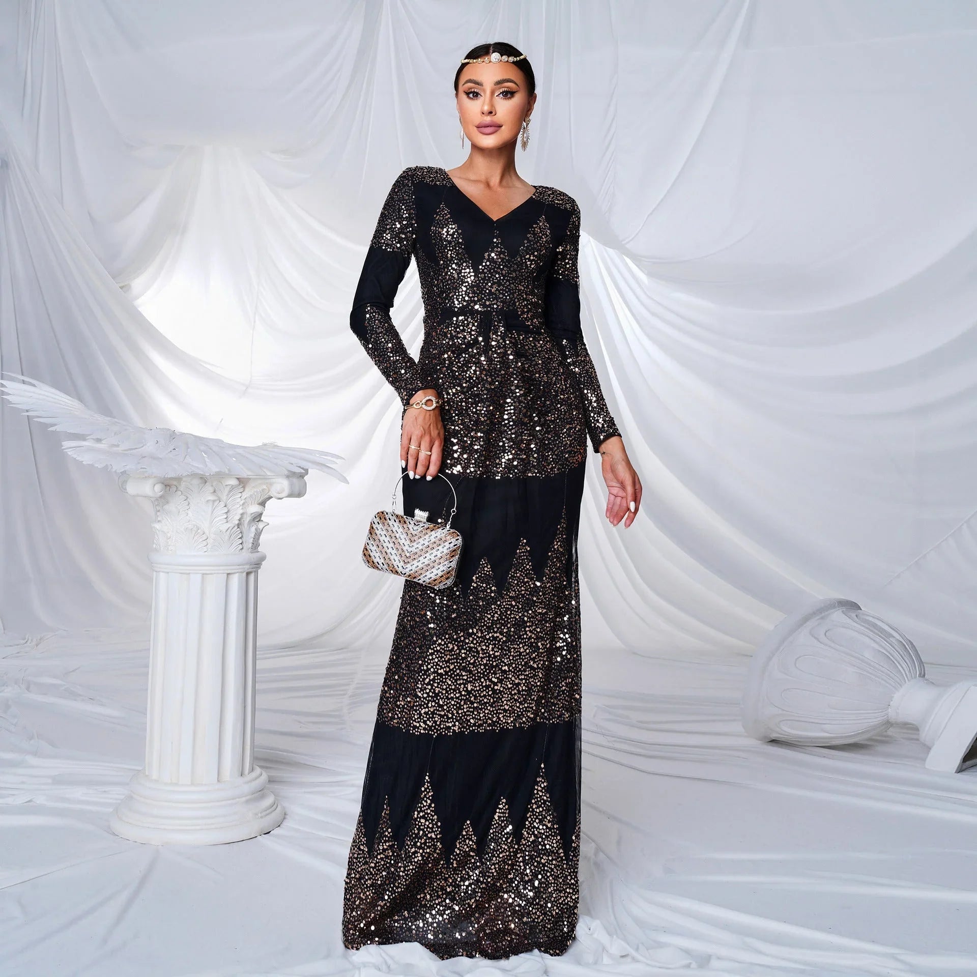 Long Sleeve V-neck Sexy Slim-fit Long Sequined Banquet Evening Dress - VAleG