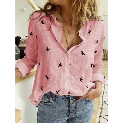 Spring And Autumn Print Casual Loose Long Sleeve Linen Shirt For Women - VAleG