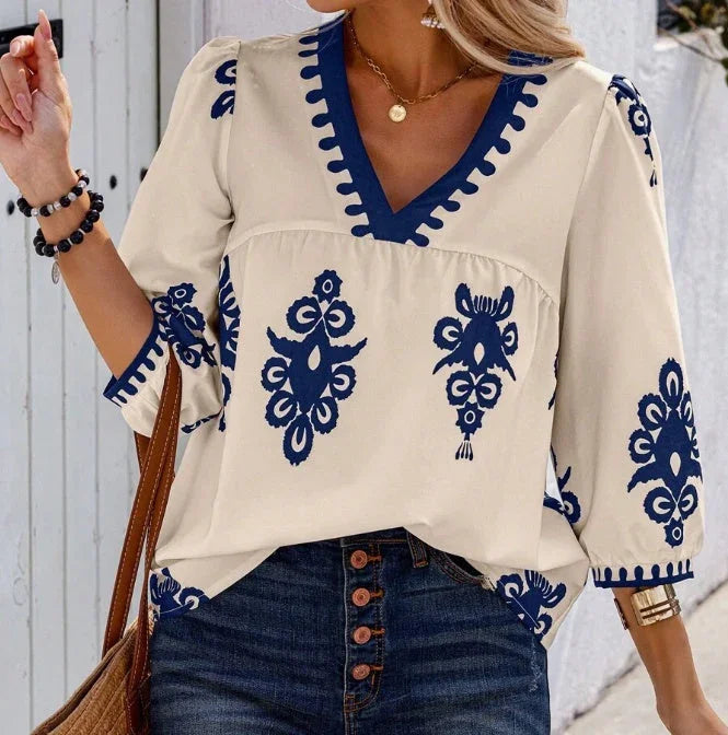 Holidaya Random Print V-Neck Casual Vacation Shirt For Women - VAleG
