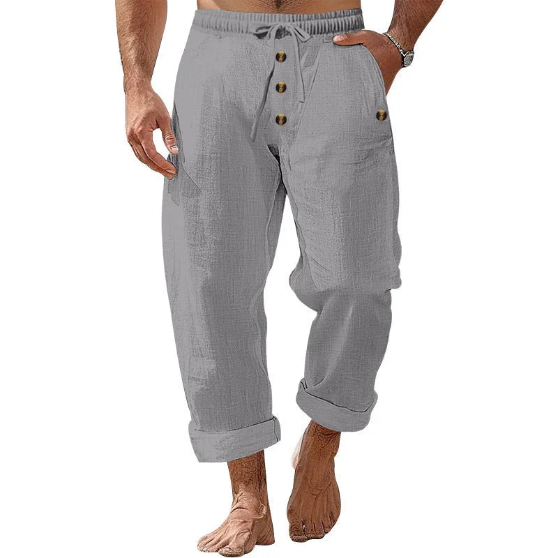American Beach Pants Solid Color Cotton Linen Loose Drawstring Button Casual Trousers Men - VAleG