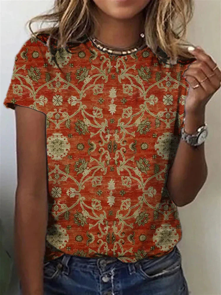 Round Neck Digital Print Short Sleeve Loose Women's T-Shirt - VAleG
