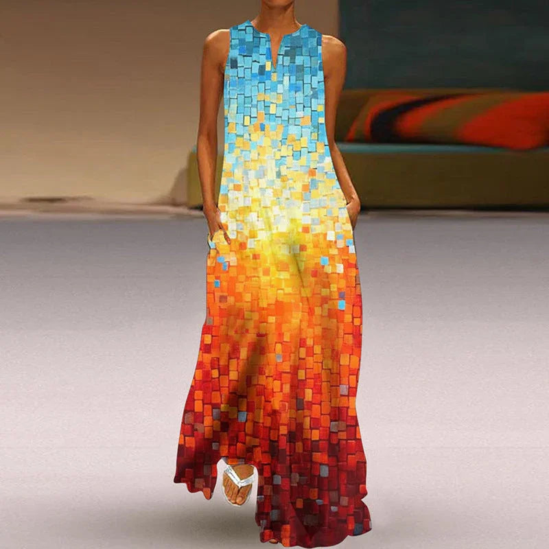 Printed V-neck Pocket Long Dress Swing - VAleG