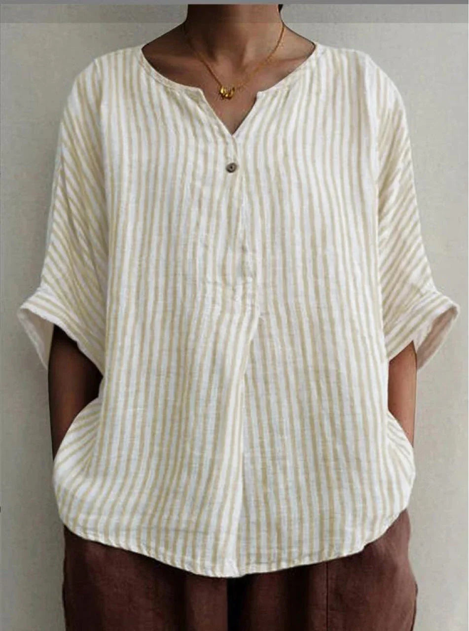 V-neck Striped Loose Short-sleeved Cotton And Linen Shirt - VAleG