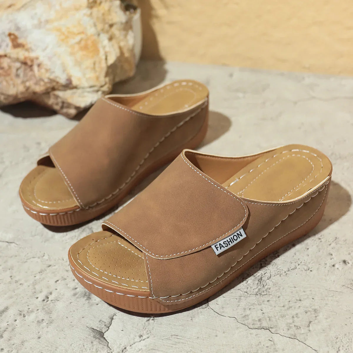 Summer Wedge Slides Slippers Fashion Fish Mouth Thick Bottom Roman Shoes Solid Color Beach Sandals For Women - VAleG