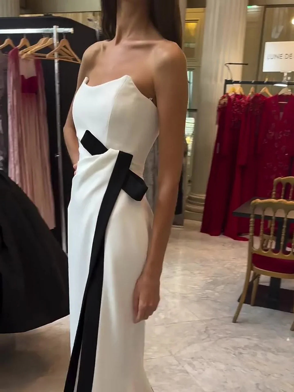 Strapless Black And White Contrasting Slit Dress - VAleG