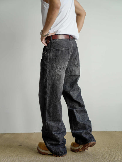 Loose Straight Washed Distressed Black Jeans - VAleG