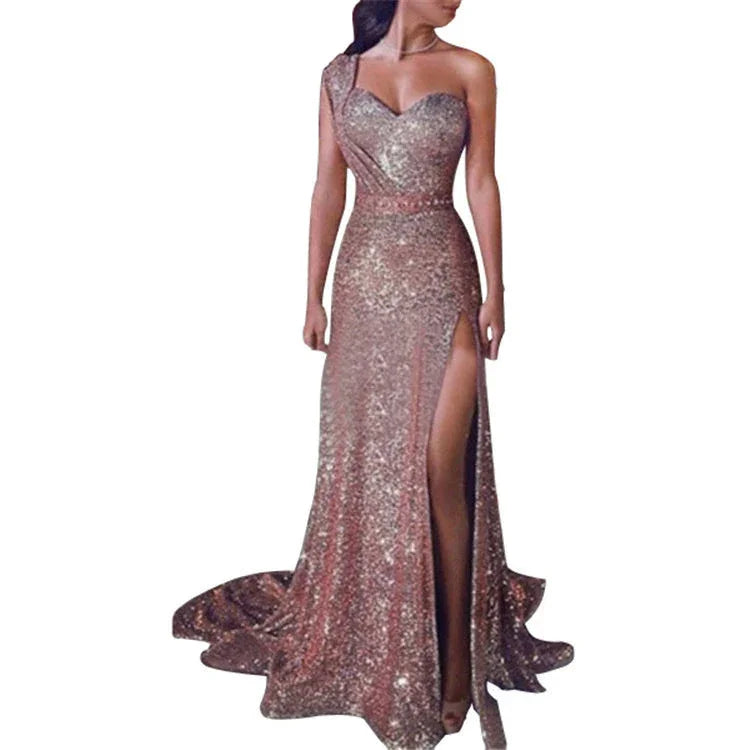 Women's Clothing One-shoulder Sleeveless Bronzing Split Dress - VAleG