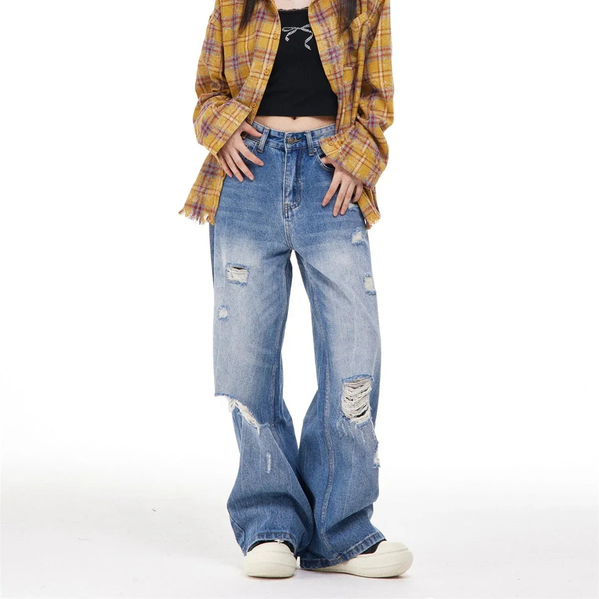 Women's Ripped Washed Blue Jeans - VAleG