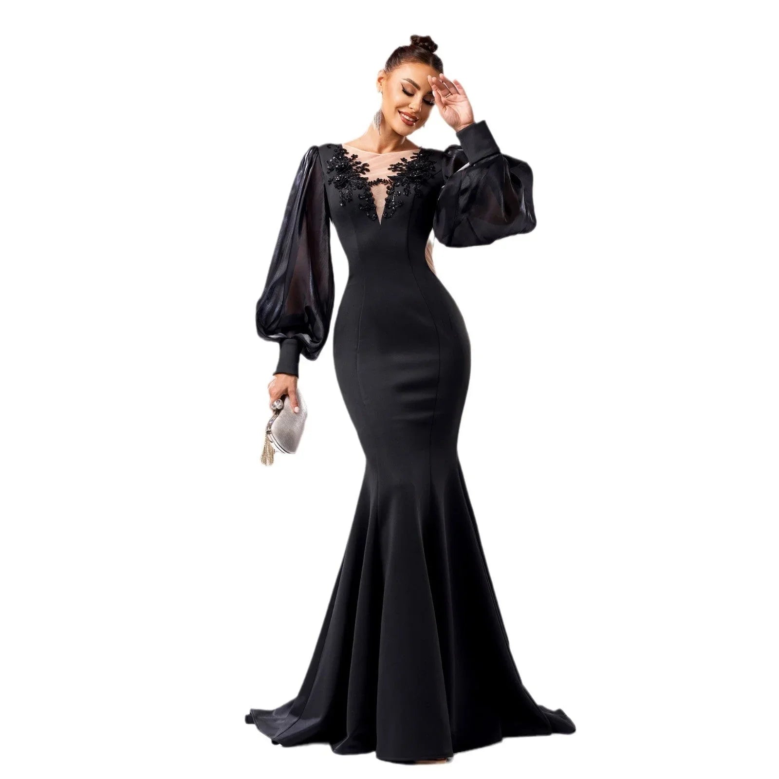 Long Sleeve Round Neck Banquet Applique Sheath Fishtail Dress - VAleG