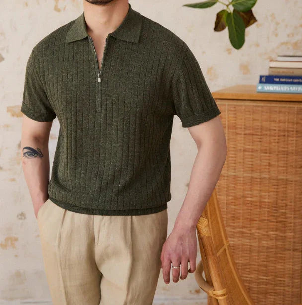 Linen Blend Lapel Zipper Sunken Stripe Short Sleeve - VAleG