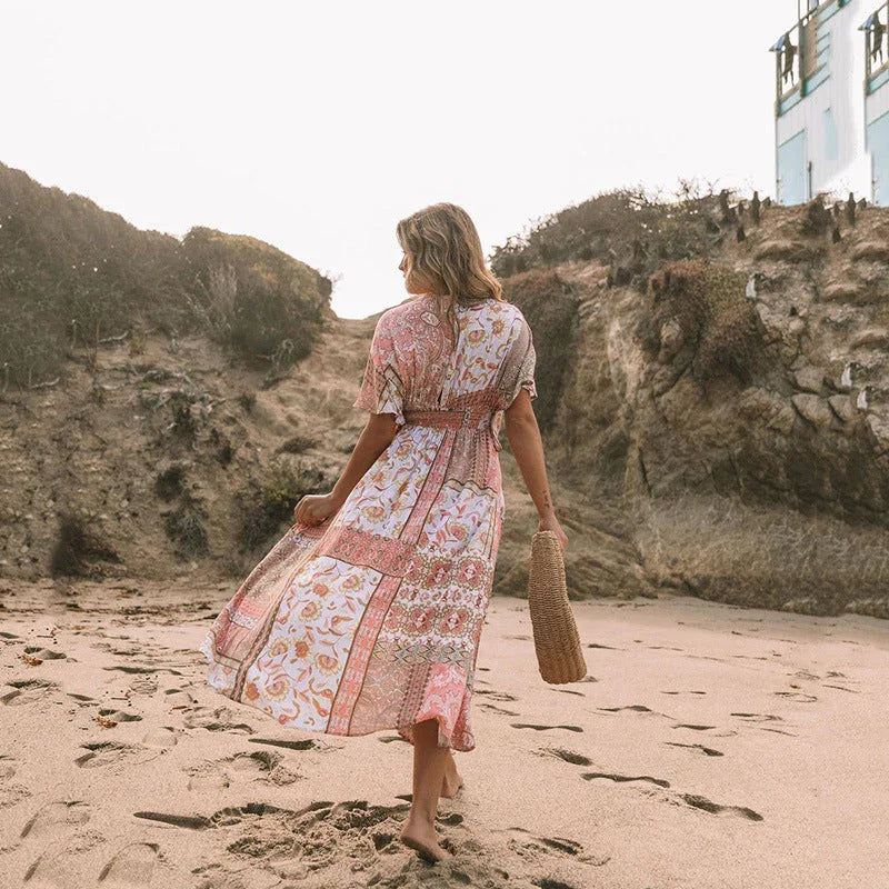 Women's Flowers Printed Dress Bohemian Irregular Beach Clothes - VAleG