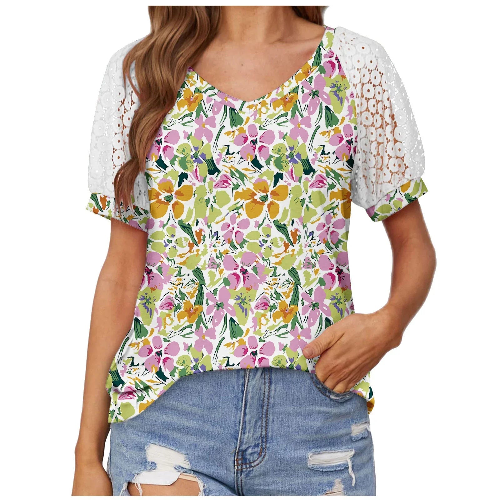 V-neck Lace Stitching Casual T-shirt For Women - VAleG