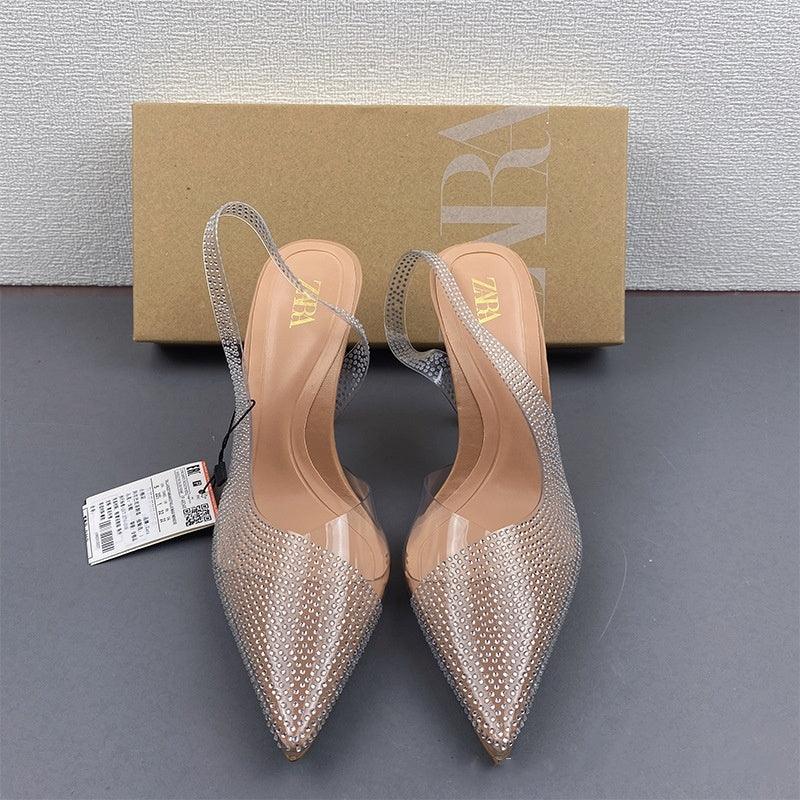 Women's Natural Color Shiny Ornament Rhinestone Pointed Toe Low-cut High Heels - VAleG