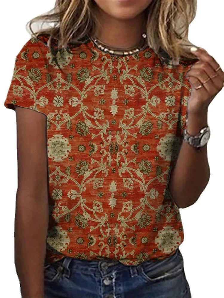 Round Neck Digital Print Short Sleeve Loose Women's T-Shirt - VAleG