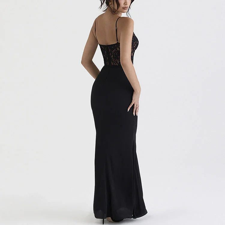 Lace High Waist Long Dress Deep V Strap Fishtail Gown - VAleG