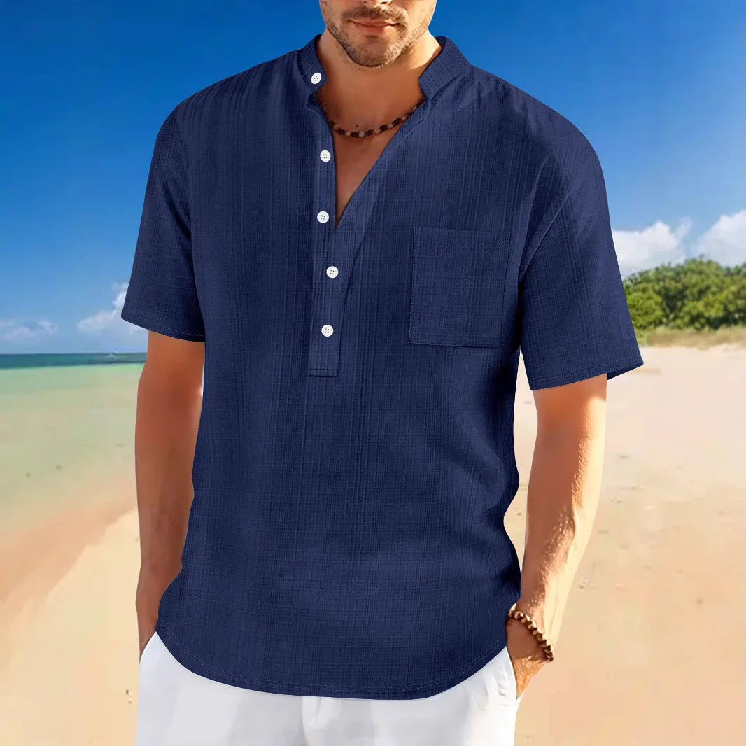 Stand Collar Short Sleeve Loose Leisure Vacation Henley Shirt - VAleG