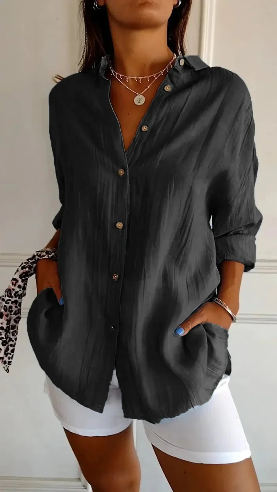 Lapel Long Sleeve Shirt Women's Single-breasted Pleated Shirt - VAleG