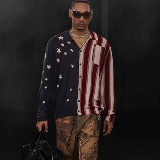 American Retro Flag XINGX Printed Striped Sweater Short Wide Long-sleeved Shirt - VAleG