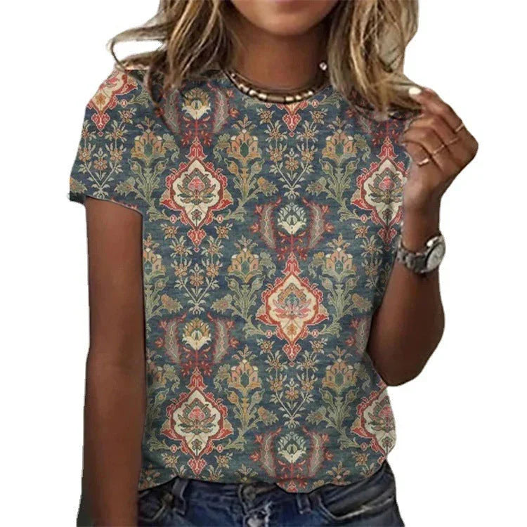 Round Neck Digital Print Short Sleeve Loose Women's T-Shirt - VAleG