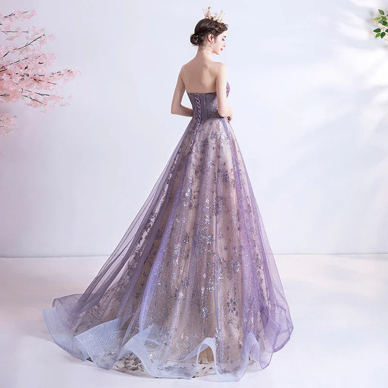 Strapless Purple Sequin Starry Dress Wedding Dress - VAleG
