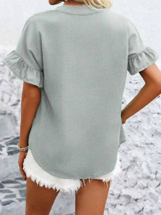 Women's Fashionable Simple Solid-Color Shirt, Perfect For Daily Summer Wear,Short Sleeve Tops - VAleG
