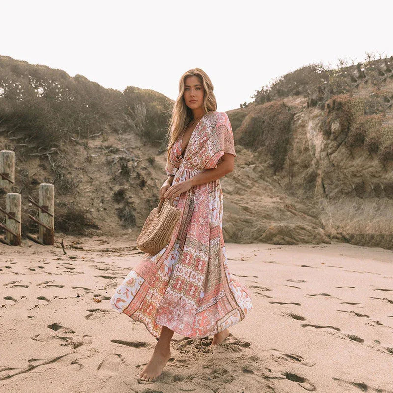Women's Flowers Printed Dress Bohemian Irregular Beach Clothes - VAleG