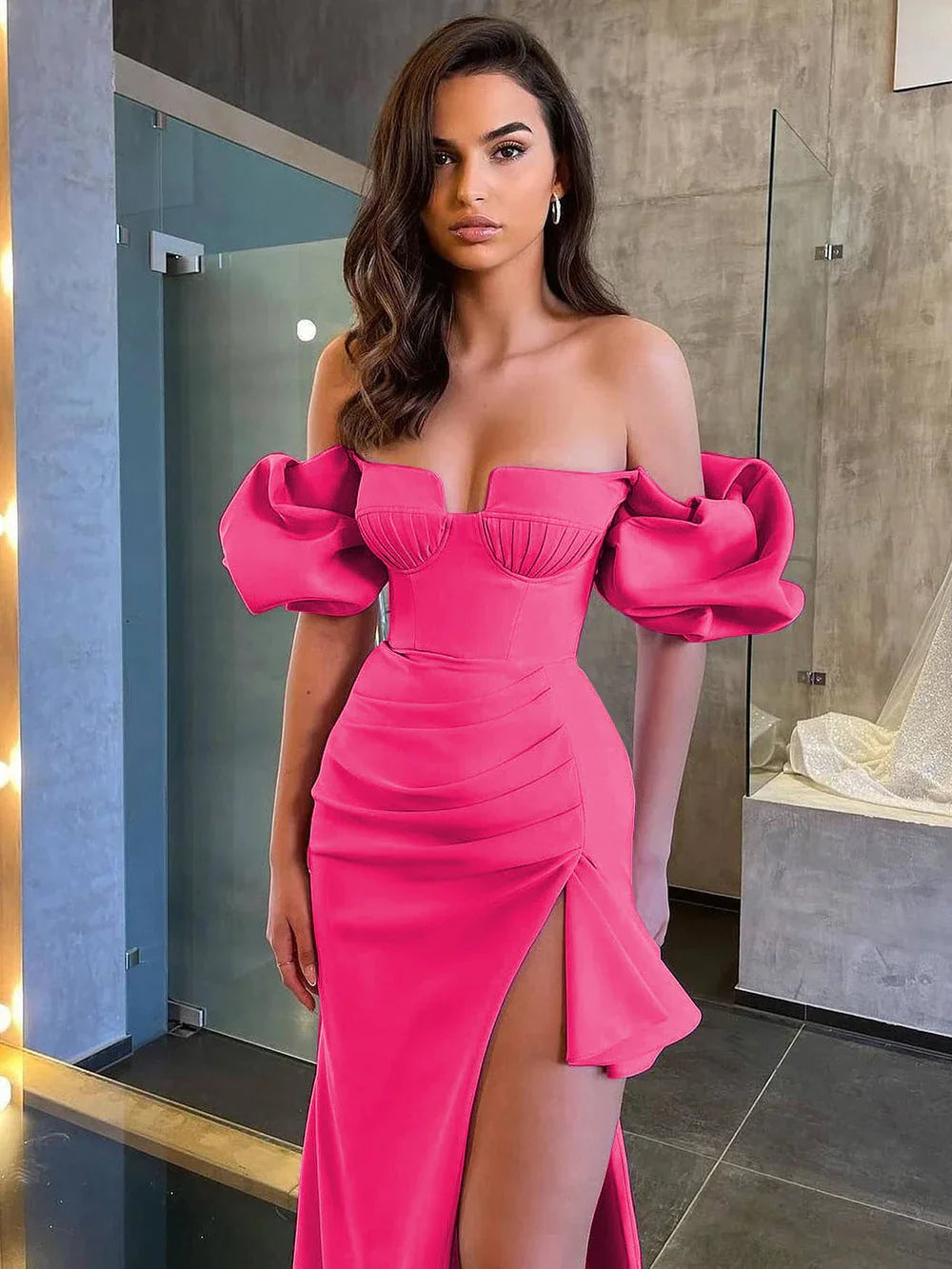 Women's Solid Color Lantern Sleeve Bandage Dress - VAleG