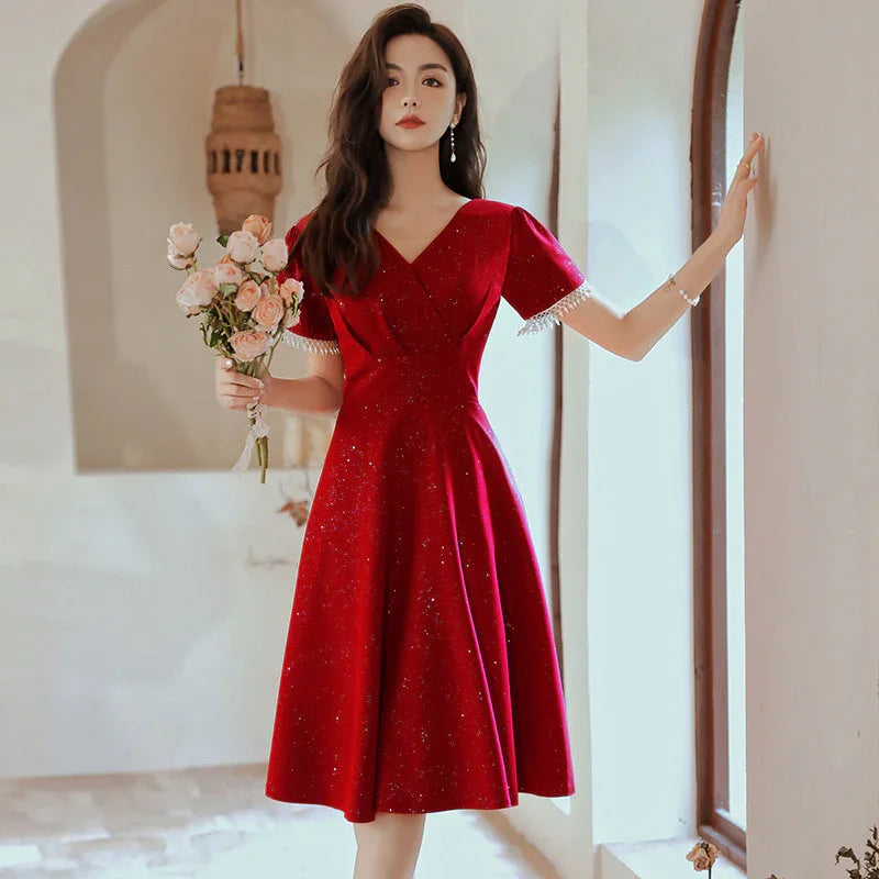 Toast Dress Bride Wine Red Wedding Dress Engagement Back Door Dress - VAleG