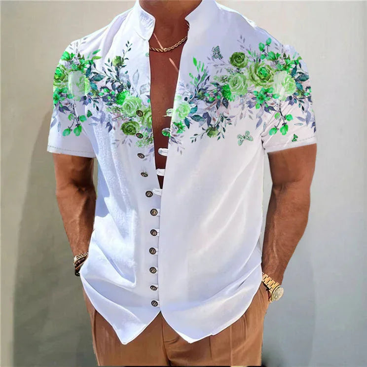 Men's Printed Stand Collar Short Sleeve Button Shirt - VAleG