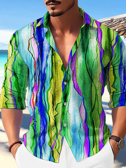 Color Matching Bamboo Linen Printed Men's Shirt VAleG