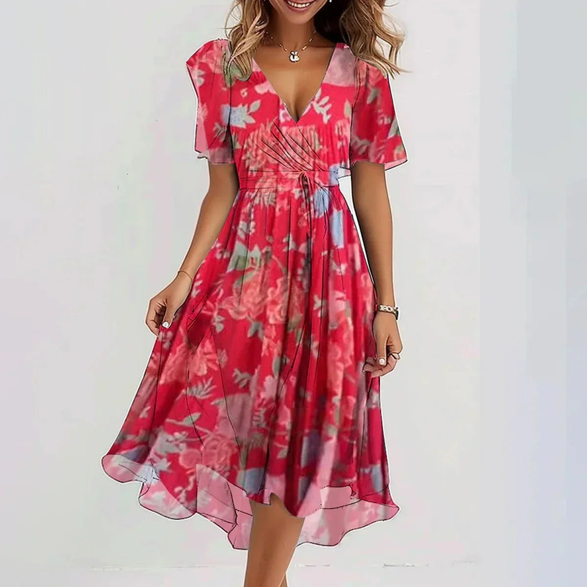 Chiffon Printed Short Sleeve Dress Summer Elegant V-neck Dresses Womens Clothing - VAleG