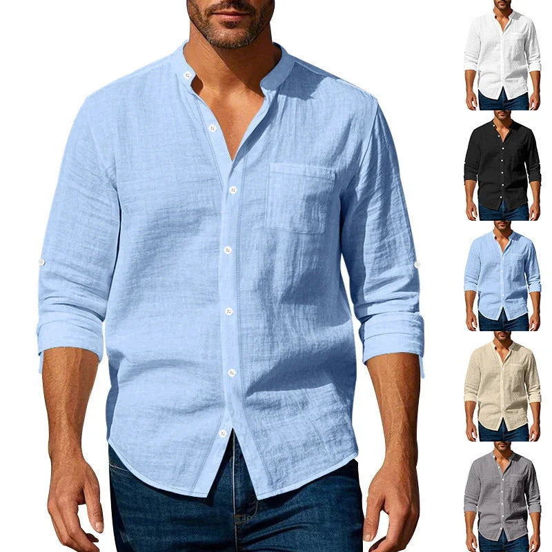 Long Sleeve Stand Collar Casual Men's Pocket Shirt - VAleG