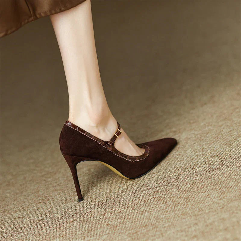 Women's Stiletto Heel Genuine Leather Buckle Pointed Toe Low-cut Shoes - VAleG