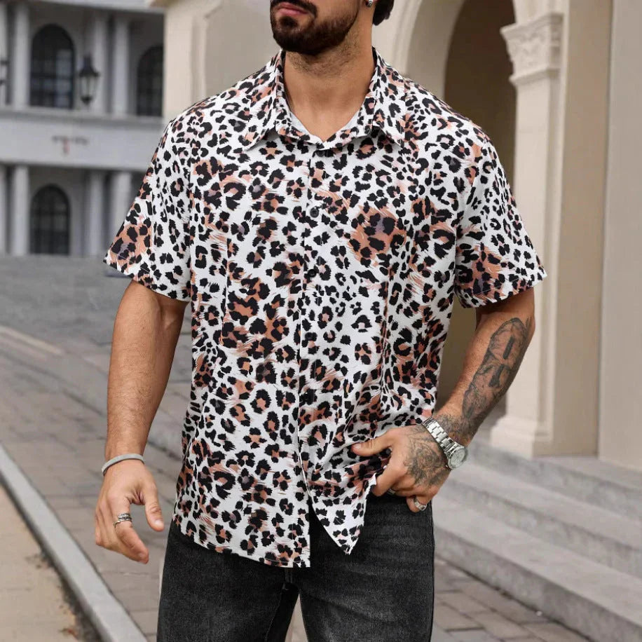 Four-sided Elastic Leopard Print Shirt Men - VAleG