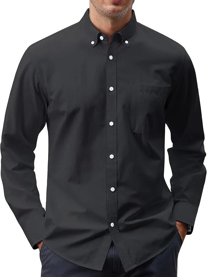 Solid Color Oxford Long Sleeve Button Shirt - VAleG