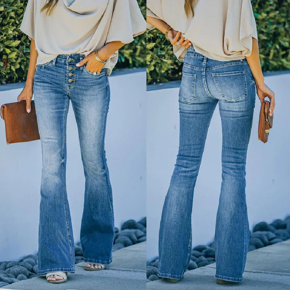 High Waist Bell Bottom Jeans Trendy Wear Washed Out Street Style Women's Denim Pants - VAleG