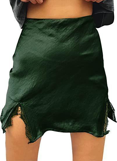 Women's Satin Lace Furcal Lower Hem Zipper High Waist Mini Skirt Hip Skirt - VAleG