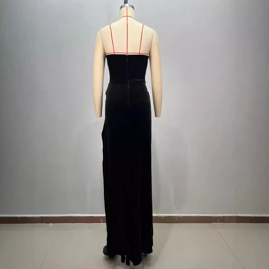 Women's Black Bandeau Slim-fit Hot Drilling Long Dress - VAleG