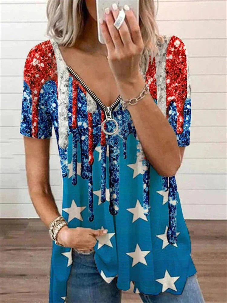 European And American Women's New Printed V-neck Loose T-shirt - VAleG