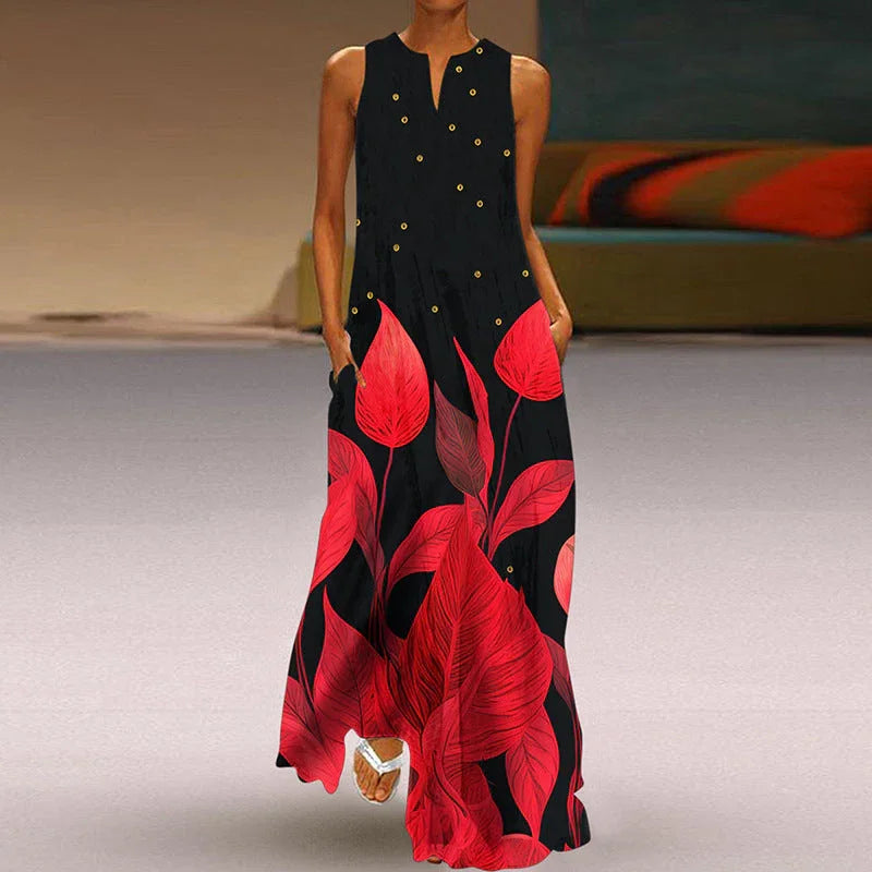 Printed V-neck Pocket Long Dress Swing - VAleG