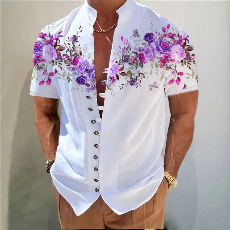 Men's Printed Stand Collar Short Sleeve Button Shirt - VAleG