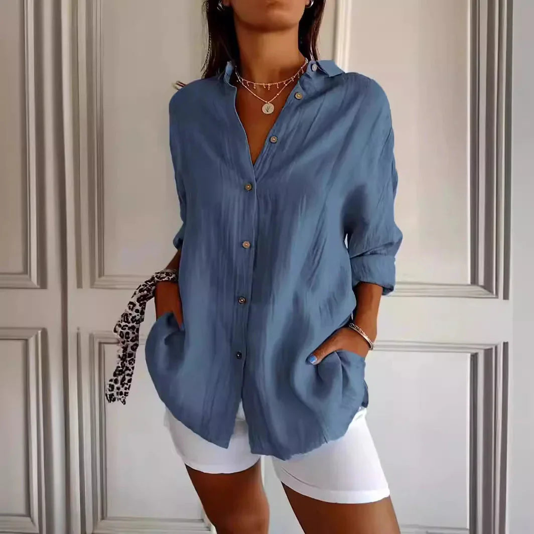 Lapel Long Sleeve Shirt Women's Single-breasted Pleated Shirt - VAleG
