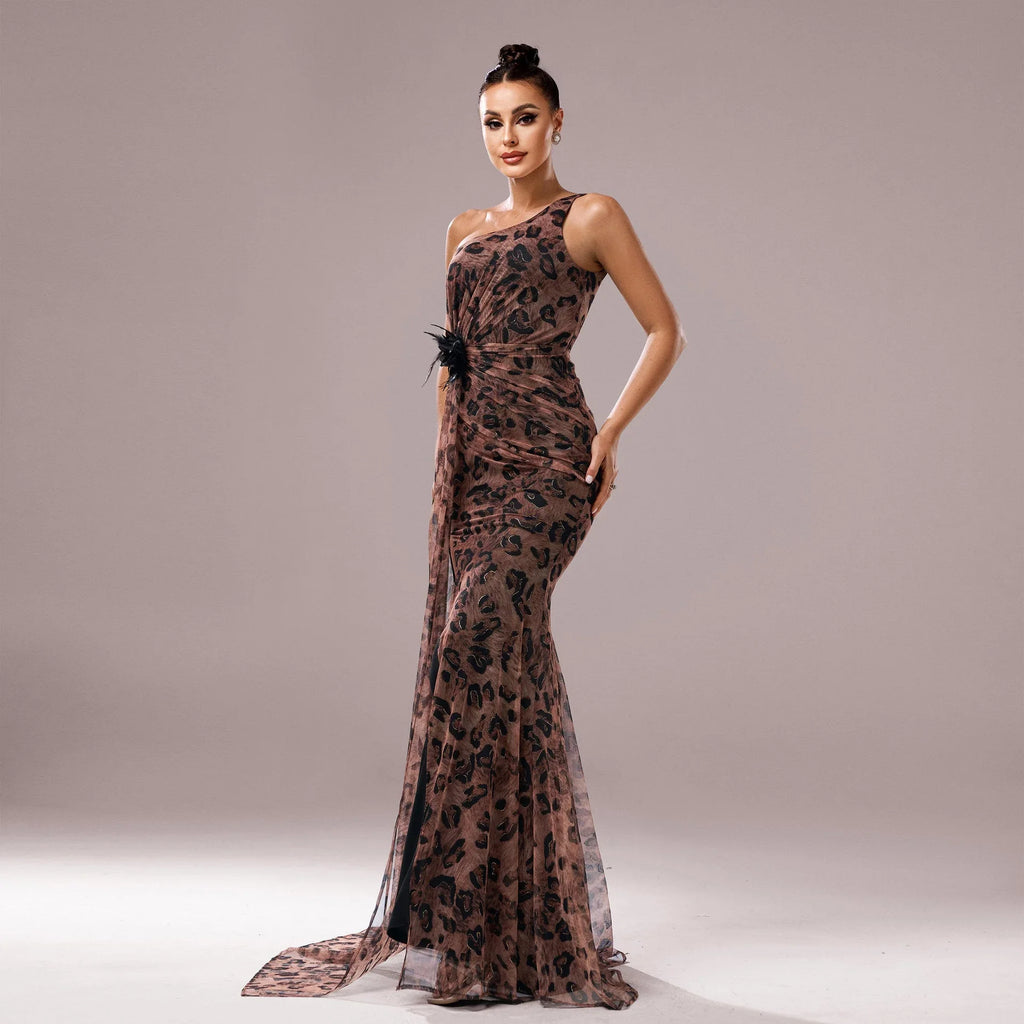 One-shoulder Diagonal Collar Leopard Sequined Evening Dress - VAleG