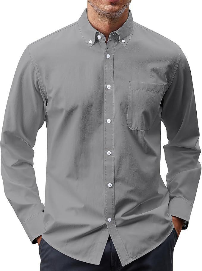 Solid Color Oxford Long Sleeve Button Shirt - VAleG