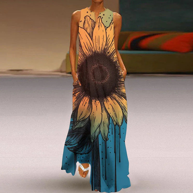 Printed V-neck Pocket Long Dress Swing - VAleG
