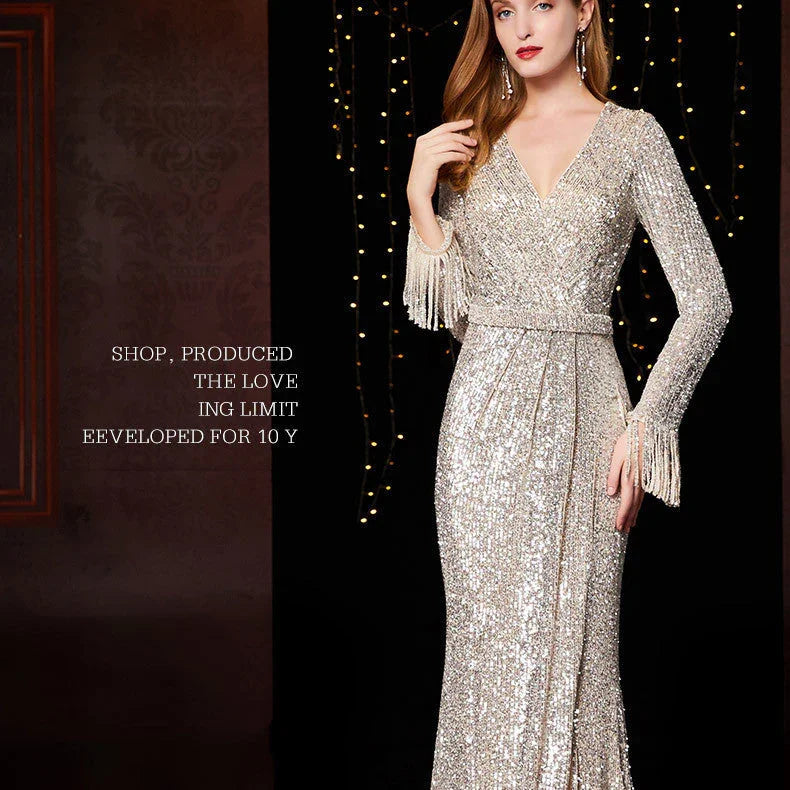 Temperament Banquet Ladies Sequined Annual Meeting Host Long Evening Dress - VAleG