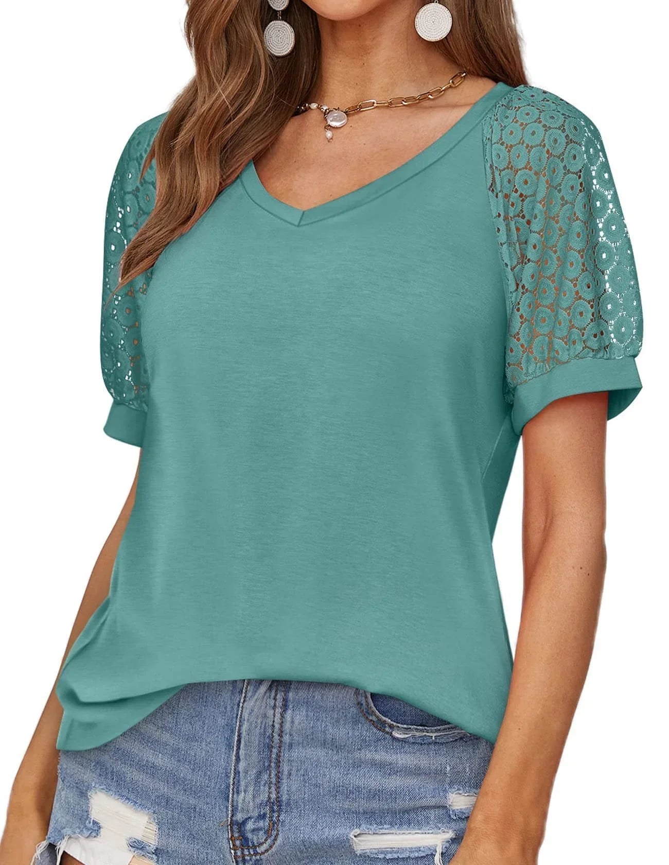 V-neck Lace Stitching Casual T-shirt For Women - VAleG
