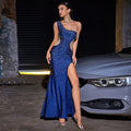 One-shoulder Elegant Rhinestone Split Party Evening Dress - VAleG